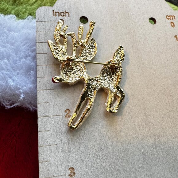 Vintage Style Reindeer Brooch Gold Glitter Flocked Holiday Christmas Pin 2.25" - Picture 4 of 5